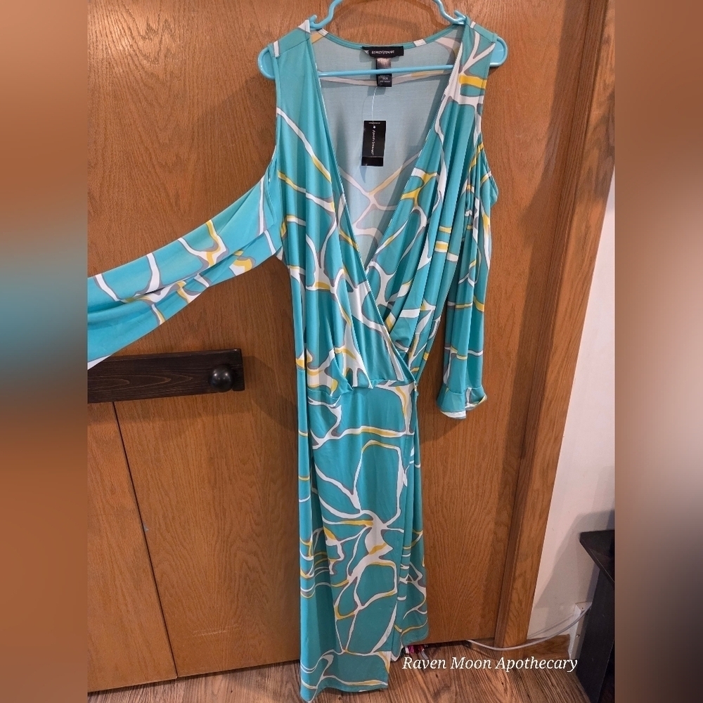 Teal and Yellow Abstract Wrap Dress